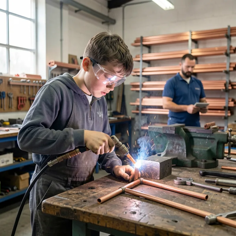Apprenti en atelier de formation soudant un tube de cuivre sous la surveillance d’un formateur