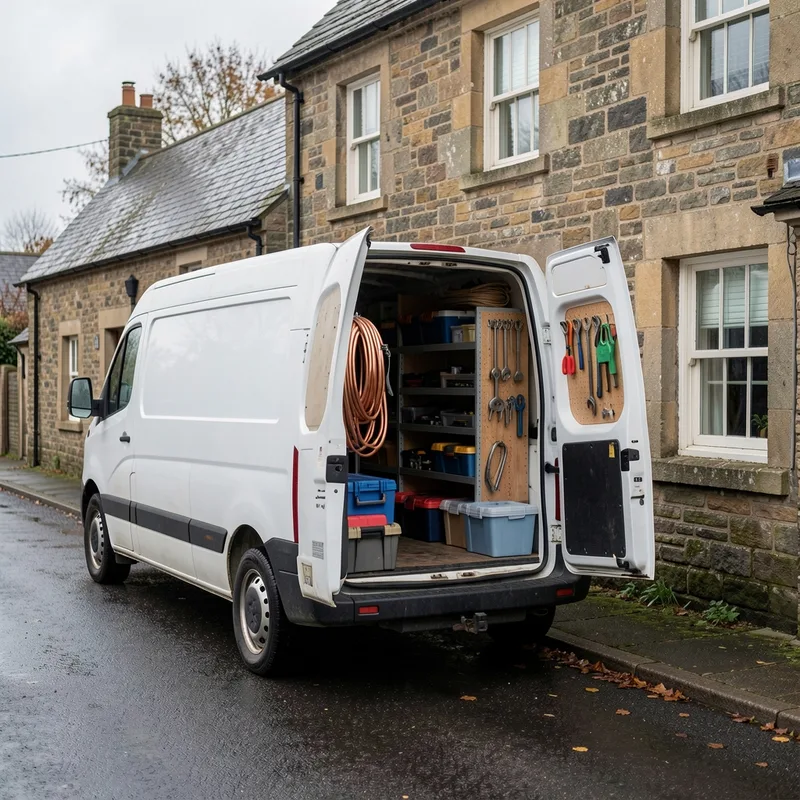 Fourgon d’artisan chauffagiste stationné devant une maison de bourg, outillage rangé dans le coffre
