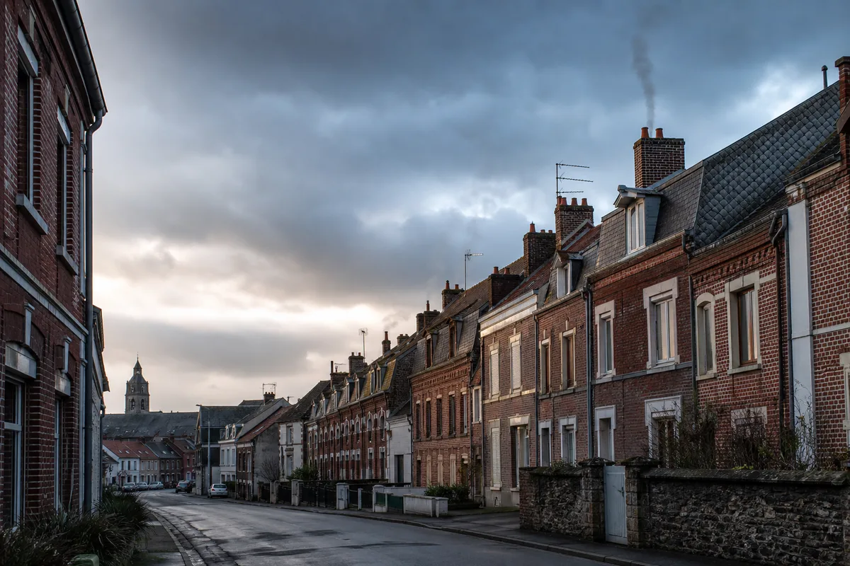 Maisons en brique du Calaisis sous un ciel d’hiver près d’Ardres