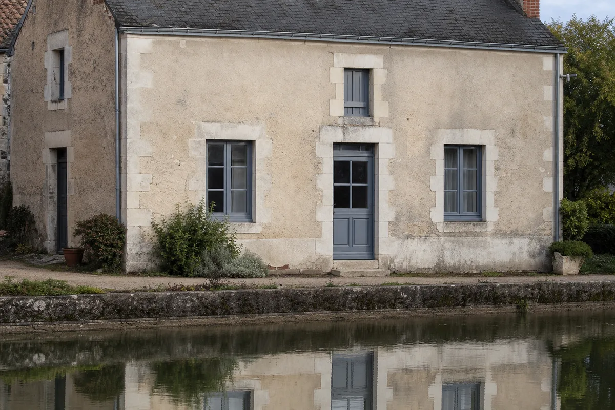 Façade d’une maison de marinier au bord du canal d’Orléans à Combleux