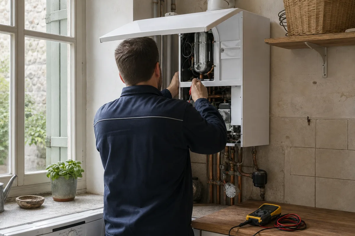 Artisan réalisant l’entretien d’une chaudière gaz murale dans une maison ancienne
