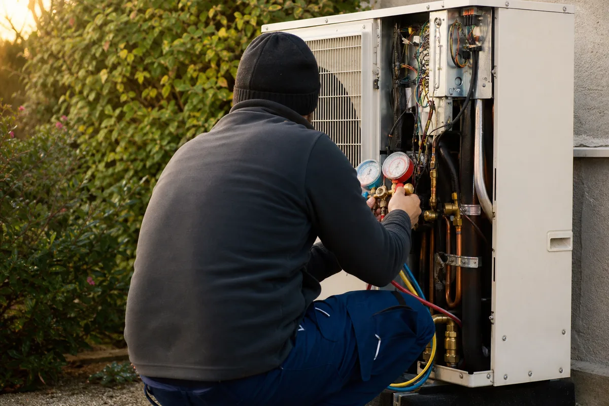 Artisan contrôlant une pompe à chaleur air-eau dans un jardin du Calvados