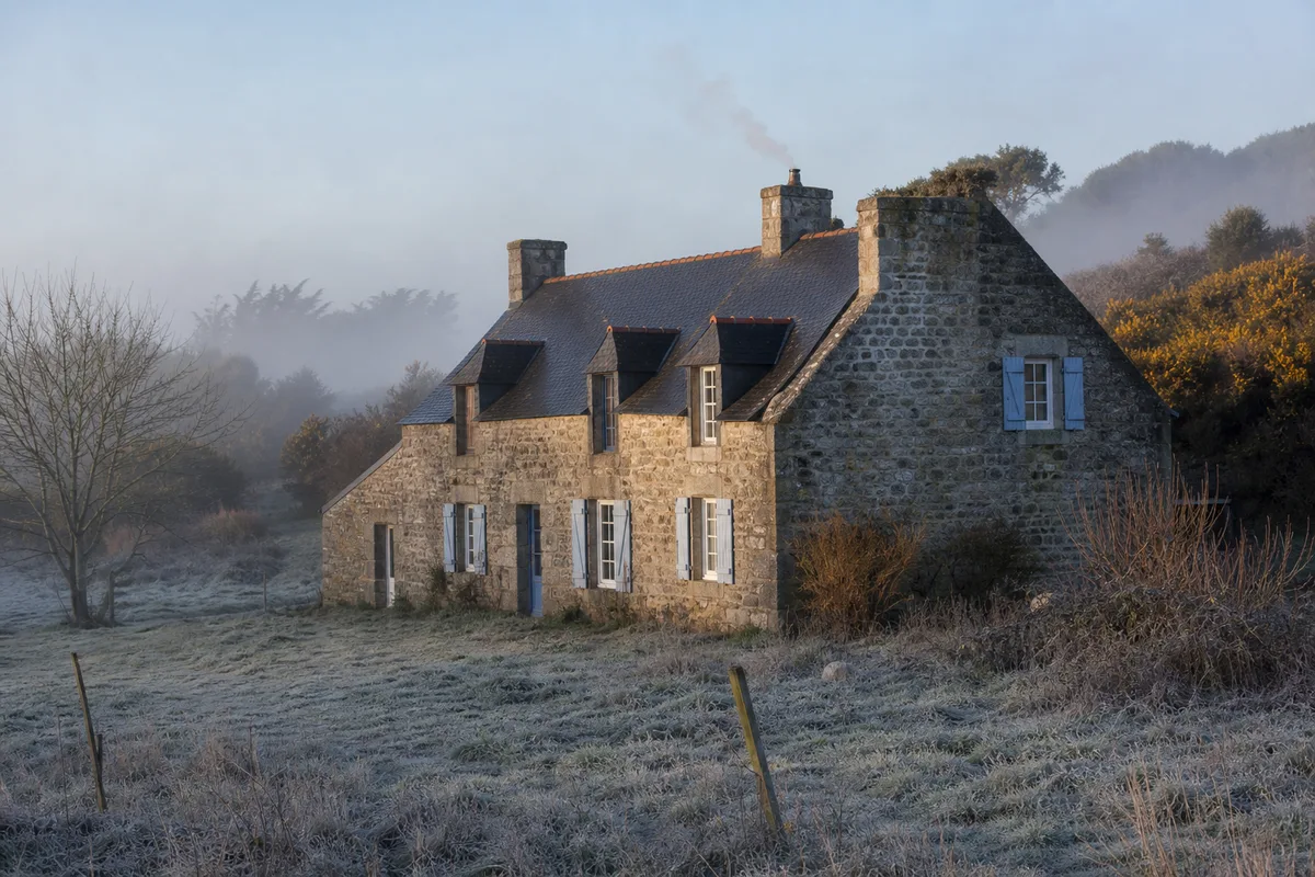 Longère bretonne en granite près des Landes de Lanvaux sous une lumière d’hiver