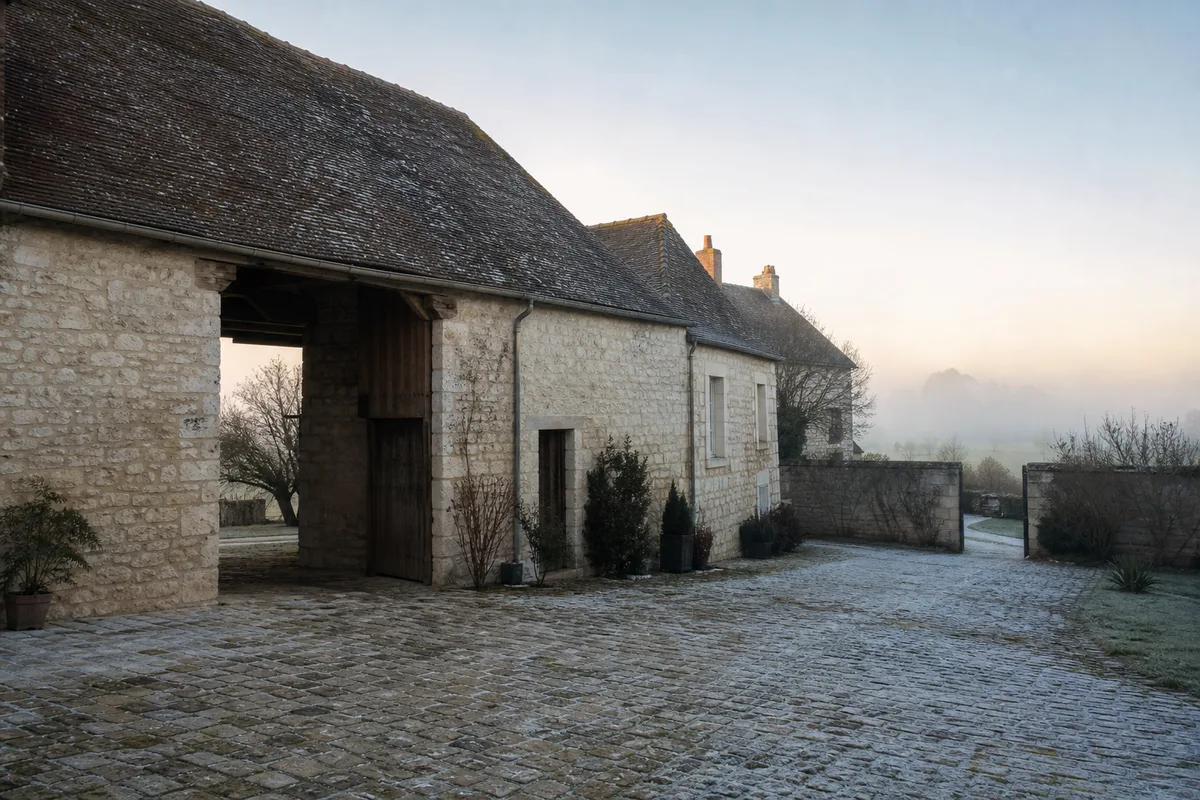 Ferme vexinoise en pierre calcaire au petit matin dans le Vexin français