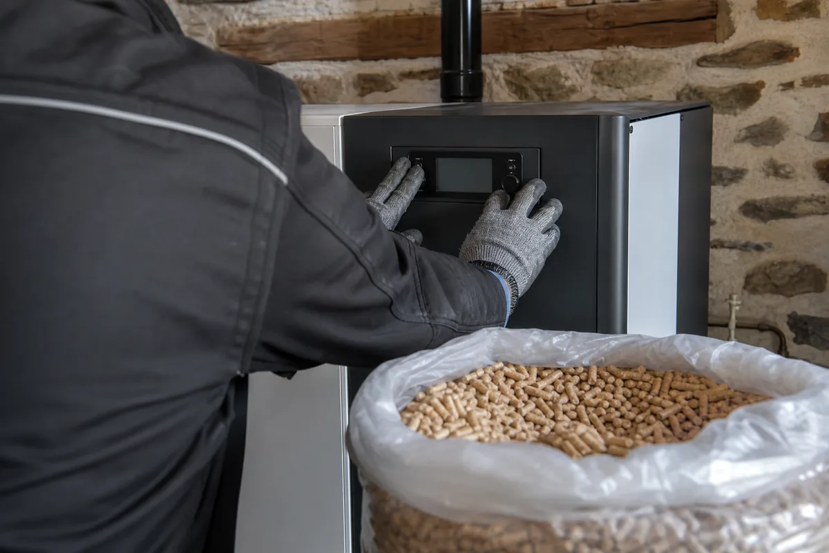 Artisan chauffagiste réglant une chaudière à granulés dans une maison de l&rsquo;Auxois