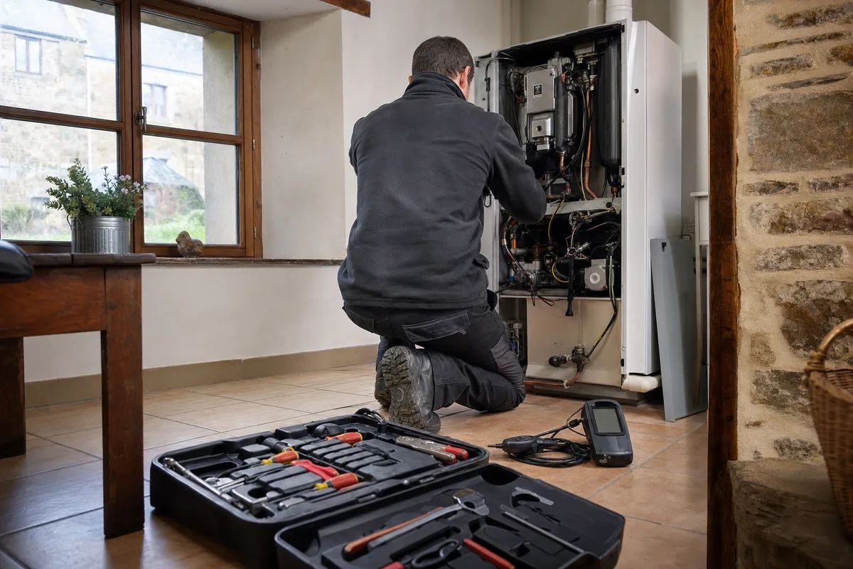 Technicien entretenant une chaudière dans une maison normande, vu de dos