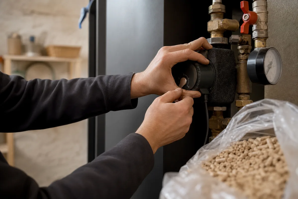 Mains d’un artisan réglant le circulateur d’une chaudière à granulés dans un cellier