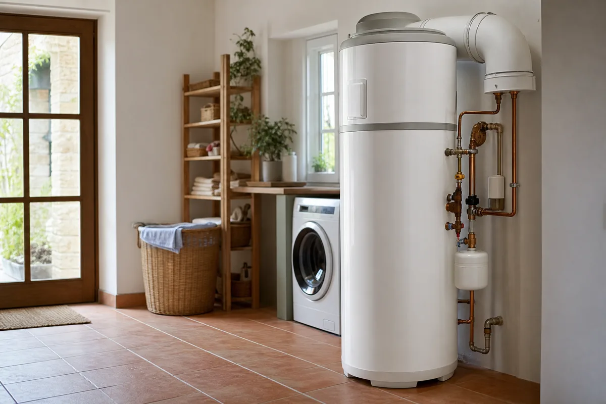 Ballon thermodynamique neuf installé dans le cellier carrelé d&rsquo;une villa basque
