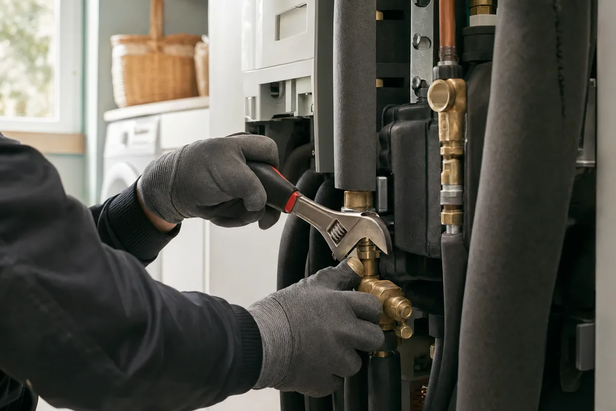 Mains d&rsquo;un artisan raccordant le circuit hydraulique d&rsquo;une pompe à chaleur