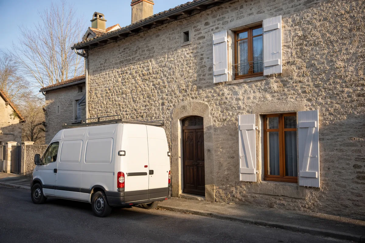 Façade d’une maison de bourg française avec fourgon d’artisan stationné devant